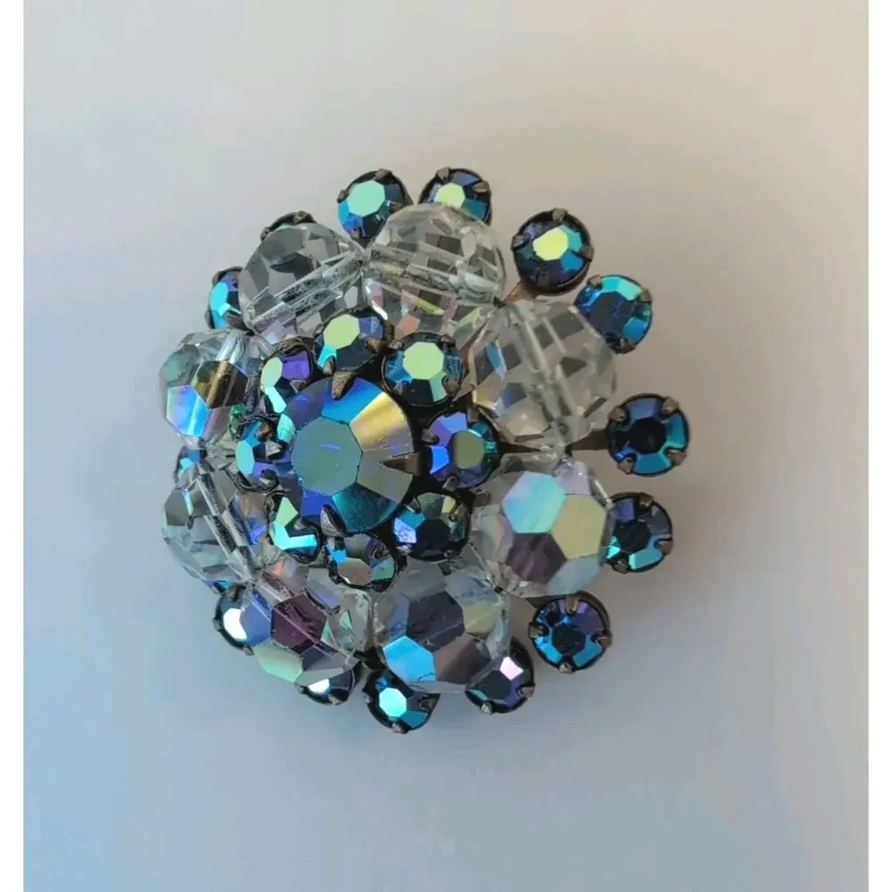 Vintage Blue Aurora Borealis Rhinestone Crystal Bead Flower Brooch Silver Tone